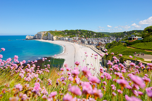 View from the cliffs of the Normandy coast to the idyllic town of Etretat