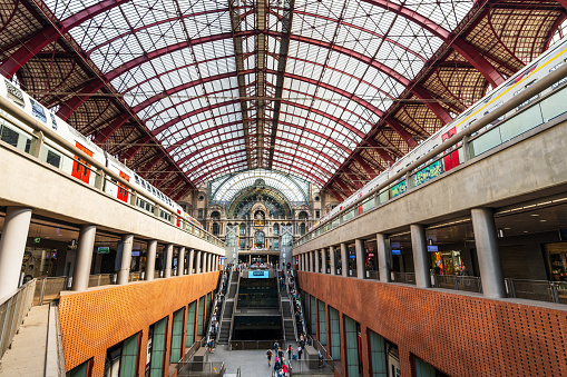 Ghent, Belgium - June 30, 2023: Interior view of the Sint-Pieters main train station in Ghent, Belgium