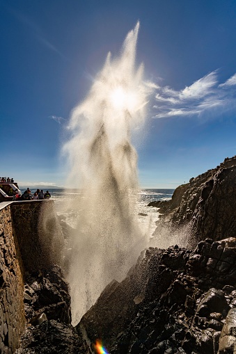 A vertical shot of the exploding La Bufadora blow hole in Ensenada, Mexico