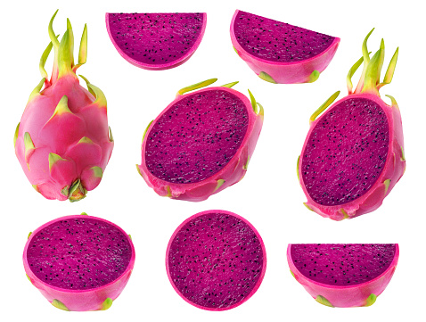 Collection of cut purple fleshed dragon fruits isolated on white background