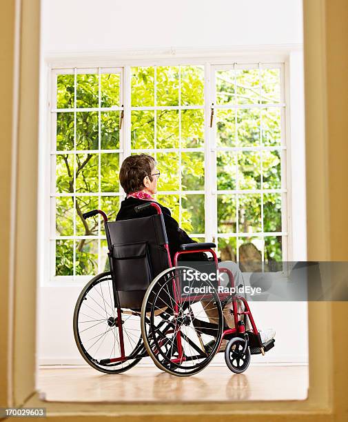Foto de Mulher Em Cadeira De Rodas Na Garden Looks Longingly Ela Não Pode Atingir e mais fotos de stock de 60 Anos