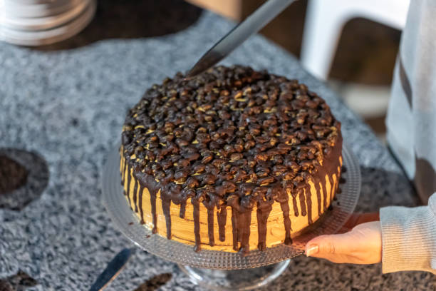 Appetizing homemade chocolate cake in the hands of a woman, close-up.