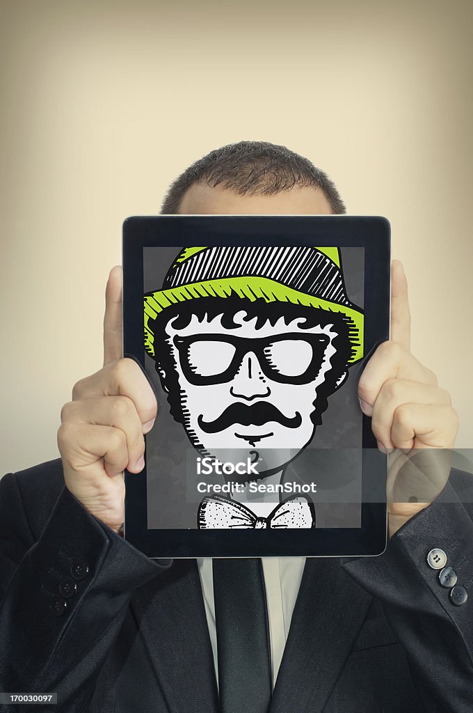 Joven empresario con Hipster Ilustración de una tableta Digital - Foto de stock de Garabato libre de derechos