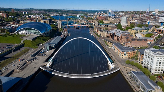 An aerial view of Gateshead Millennium Bridge over the River Tyne in UK