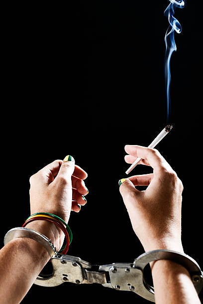 o fármaco armadilha: handcuffed fêmea mãos segurando cigarro iluminado maconha - handroll imagens e fotografias de stock