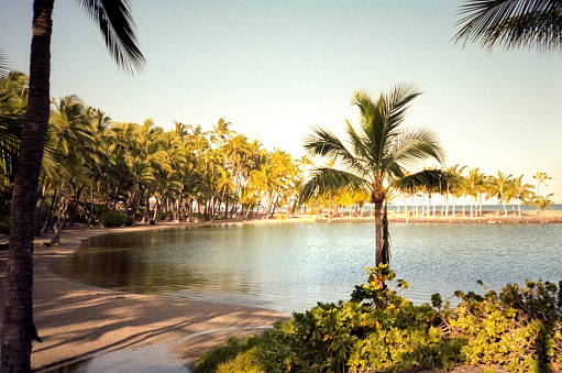 Vintage 1980s film photograph of a vibrant Hawaiian volcanic yellow sunset over the water horizon.