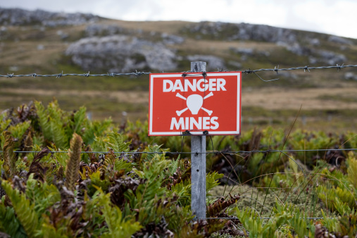 A warning sign marking one of the areas on the Falkland Islands still not cleared of mines planted by the Argentinian forces during the invasion of 1982.