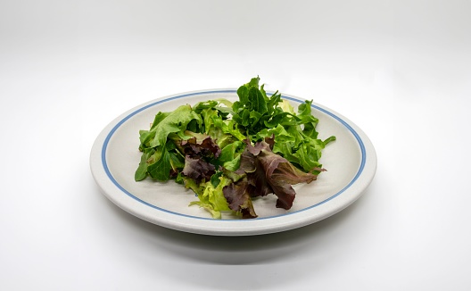 A Table Top View of a Spring Lettuce Salad on a Plate With a White Background