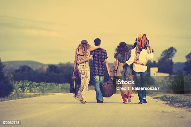 Group Of Hippie Friends Walk Away Stock Photo - Download Image Now - Hippie, 1970-1979, 1960-1969