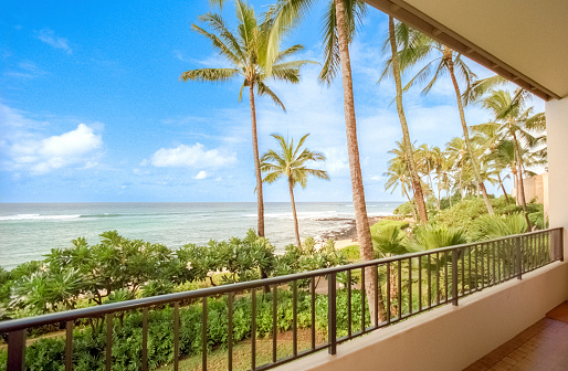 Vintage 1980s film photograph of the ocean through lush greenery on the tropical island of Maui, Hawaii from an apartment balcony.