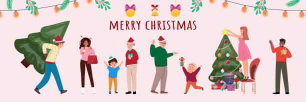 ilustrações de stock, clip art, desenhos animados e ícones de long banner with people celebrating christmas - christmas present senior men surprise gift box