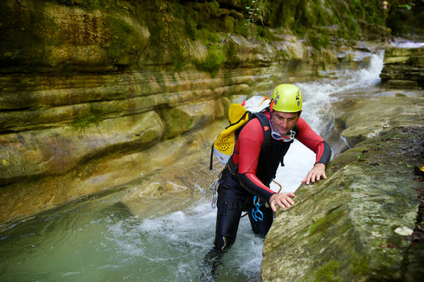 Canyoning in Forco Canyon, Otal Glera, Huesca province, Aragon, in Pyrenees, Spain