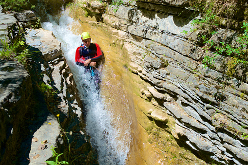 Canyoning in Forco Canyon, Otal Glera, Huesca province, Aragon, in Pyrenees, Spain