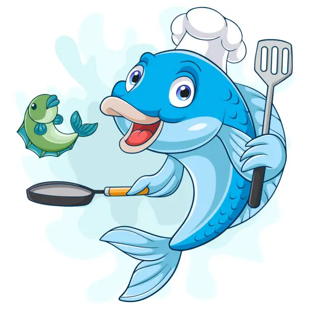 Vector illustration of Cartoon fish chef holding a frying pan and spatula