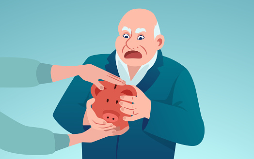 Vector of an elderly scared business man holding piggy bank trying to protect his savings from being stolen
