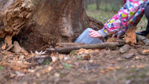 Kid Playing Treasure Hunt Game Hiding and Finding Geocache Container in Forest