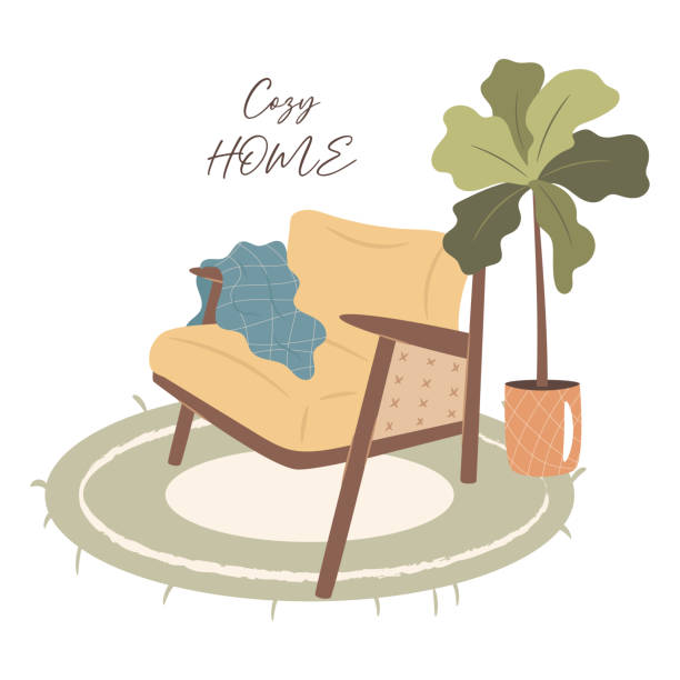 Cozy home concept. Armchair with warm blanket and plant. Cozy home concept. Armchair with warm blanket and plant. knitted pumpkin stock illustrations
