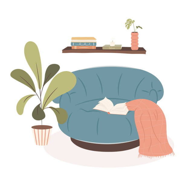 Cozy home interior. Armchair with warm blanket, books on the shelf and lighted candle. Cozy autumn days Cozy home interior. Armchair with warm blanket, books on the shelf and lighted candle. Cozy autumn days concept. knitted pumpkin stock illustrations