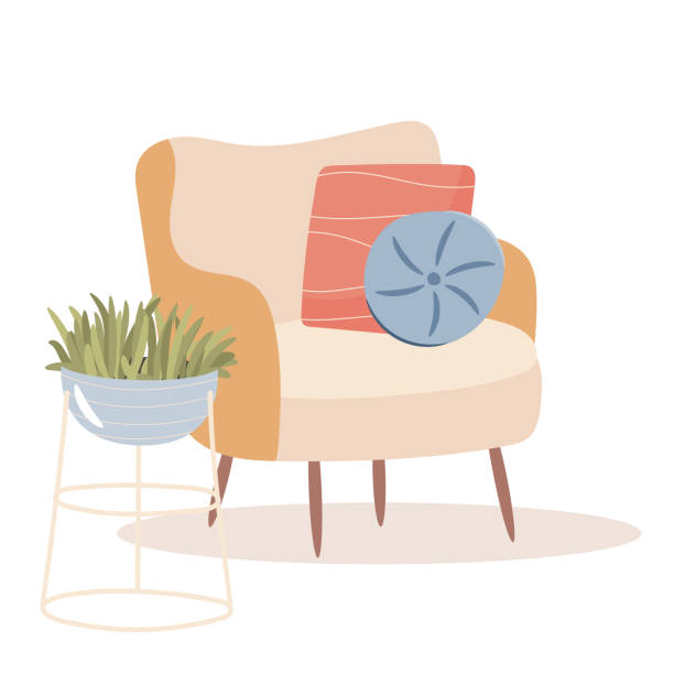 Cozy home. Armchair with cushions. Cozy home. Armchair with cushions. knitted pumpkin stock illustrations