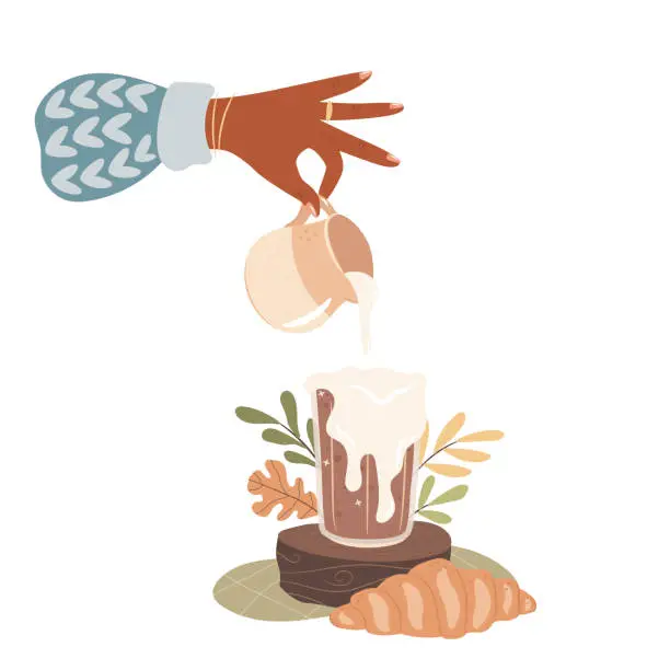 Vector illustration of Woman pours milk to glass of coffee. Cozy autumn breakfast concept.