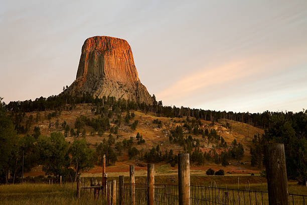 devil's tower national monument, sunrise, wyoming - wyoming landscape american culture plain photos et images de collection