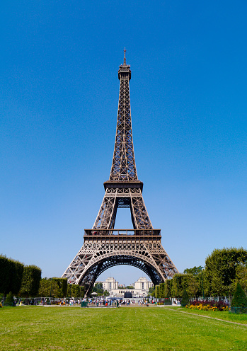 Eiffel tower with grass in Paris, France