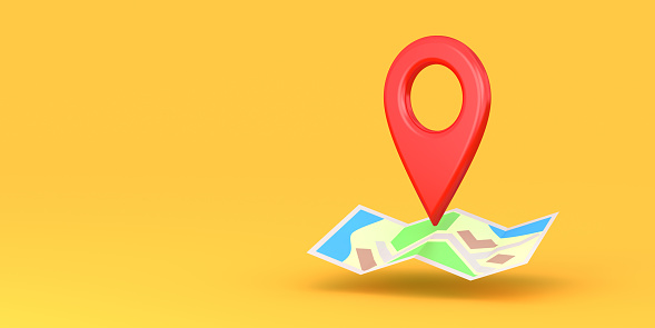 Red map pointer isolated on the yellow background. Map pin icon. GPS place marker. Location symbol.