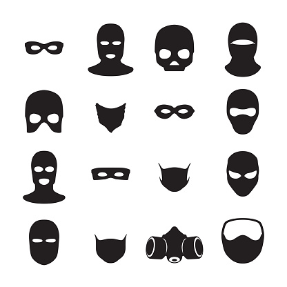 Mask criminal bandits for hiding face black monochrome silhouette set vector flat illustration. Danger stealing thief crime gangster hat anonymous costume robbery burglar fraud balaclava respirator
