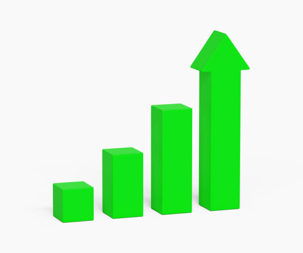 3d growth graph icon. financial growth, business success, business strategy concept. bar graph with arrow rising. 3d illustration - green report business bar graph imagens e fotografias de stock