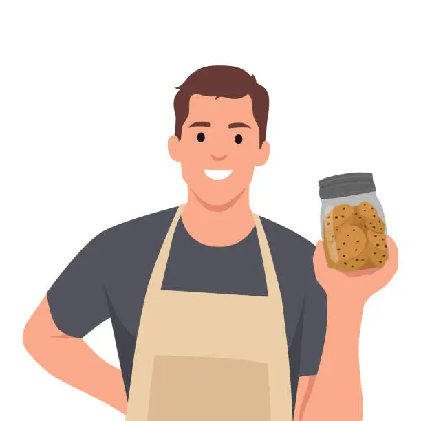 Vector illustration of Young man holding jar of chocolate chips cookies looking positive and happy standing and smiling with a confident smile.