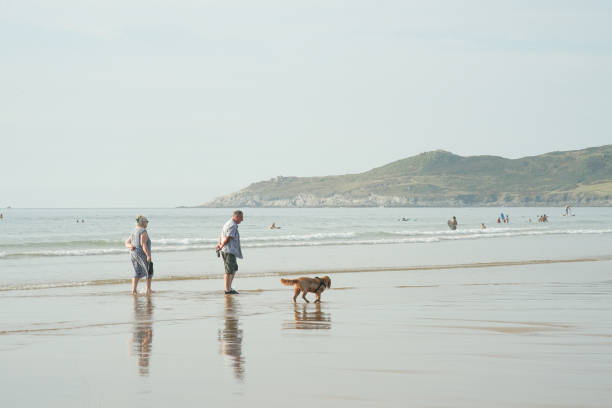 Woolacombe, England, UK - September 02, 2023: A senior couple are walking  on the Woolacombe beach with their dog.