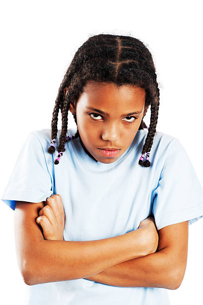 angry chica. - anger child braids braided fotografías e imágenes de stock