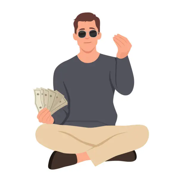 Vector illustration of Young man wearing sunglasses smiling happily with a hand making money posture. Confident, positive proud and friendly attitude holding dollar banknotes.