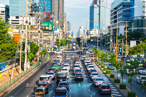 Bangkok, Thailand - September 20, 2023 : Traffic moment in the morning on Rama IV road at downtown of Bangkok, Thailand