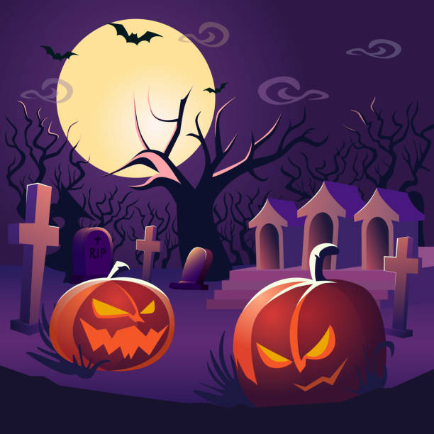 istock vector background in flat style for Halloween with pumpkins at the clubhouse 1700425564