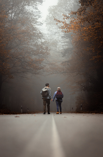 Rear view of couple spending time together standing on forest road on a foggy morning.