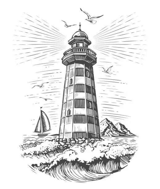 Vector illustration of Vintage old lighthouse and sea waves. Seascape engraving style vector illustration of beacon
