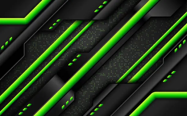 Vector illustration of Black and Neon Green Abstract Technology Background, Futuristic Dark Theme Gaming Banner Backdrop for Gamers and Streamers