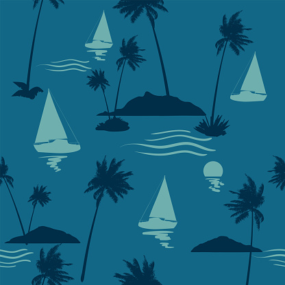 Tropical island, sailboat, palms seamless pattern, vector illustration. Yacht silhouette flat style, for for fabric, textile, wallpaper, wrapping