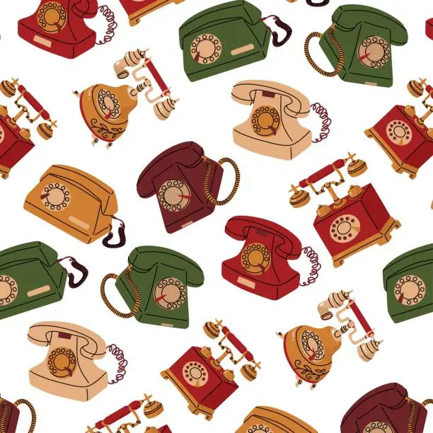 Vector illustration of Endless seamless pattern on the theme of telephones in vintage  style. The evolution of communication technologies. Vector illustration for paper and textile in cartoon style.