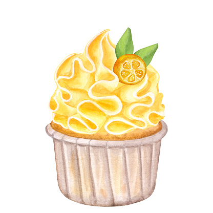 Watercolor cupcake with orange whipped cream. Decorated with kumquat, tangerine, leaves. Food clipart. Hand drawn illustration isolated on white background. For design menu, cafe, advertisement.