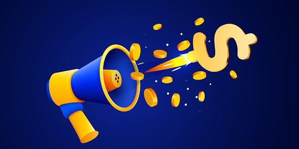 Megaphone with flying gold coins. Business announcement concept. Vector illustration