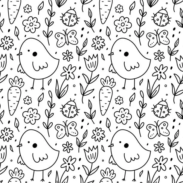Vector illustration of Cute Easter seamless pattern with chicks, butterflies, ladybugs, carrots and flowers. Vector hand-drawn doodle illustration. Perfect for holiday designs, print, decorations wrapping paper, wallpaper.
