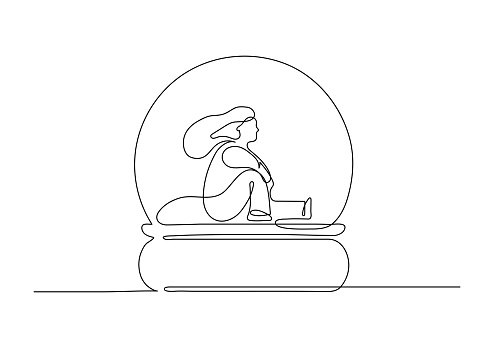 Woman sitting and looking from glass globe. Loneliness, social phobia, introversion concept. Psychology metaphor. Continuous line drawing.