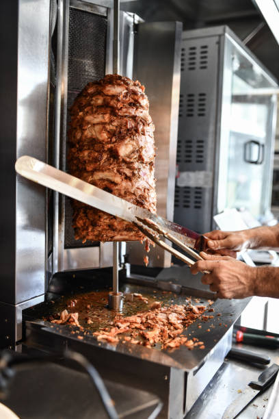istock Thin Slice Cutting From Beef Meat On Rotisserie By Doner Chef 1700448406