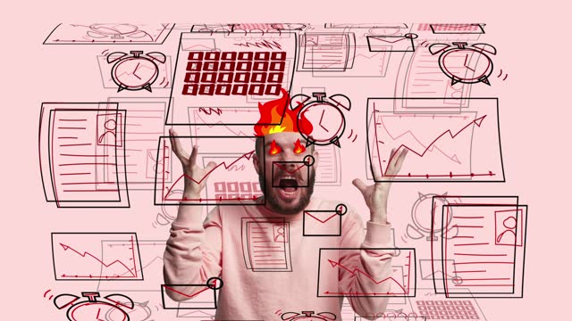 Burning head. Man, employee feeling stressful and angry, having too many working tasks and deadlines. Stop motion, animation