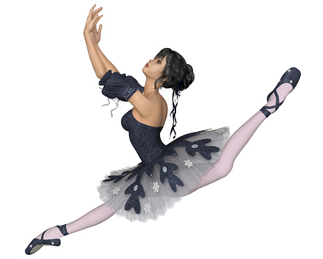 Illustration of a young dark-haired ballerina wearing a dark blue snowflake tutu performing a grand jeté, 3d digitally rendered illustration