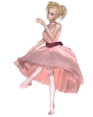 Illustration of a cute blonde ballerina with big anime style eyes, dressed in a pink romantic styled tutu, dancing, 3d digitally rendered illustration