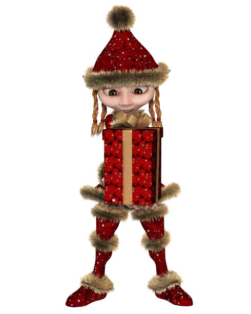 Wrapped Christmas gift and cute rag gnome with long beard on it. Christmas lights on the background