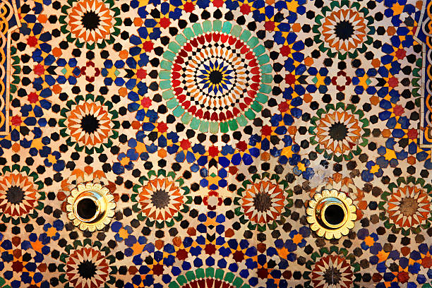 Colorful tiles on fountain, Mausoleum of Mohammed V , Rabat, Morocco. stock photo